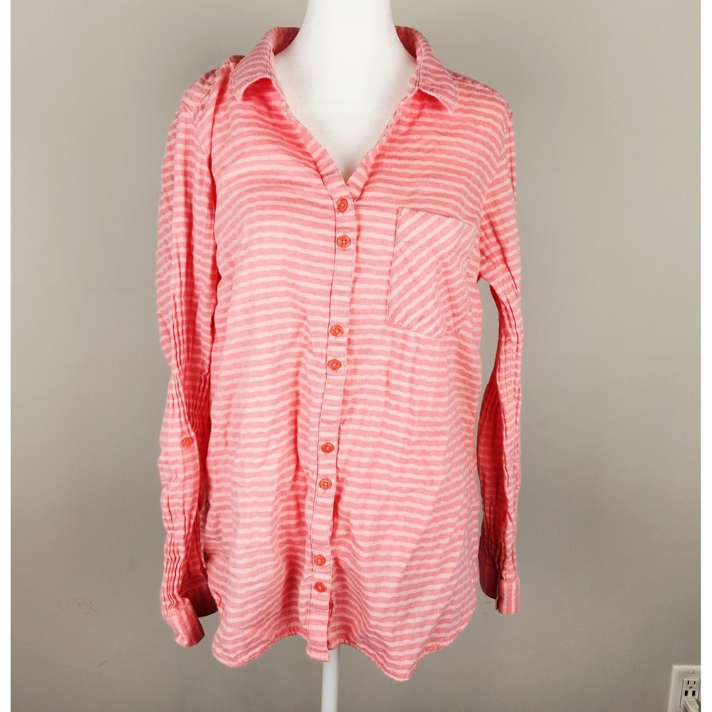 Columbia Button Front Shirt Women's XL Coral Pink Striped‎ Outdoors Hiking Beach